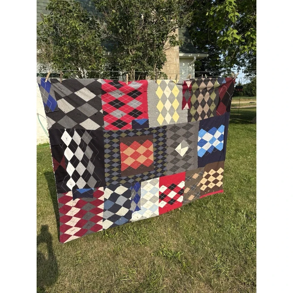 Vintage Hand Tied Argyle Knit Sweater Quilt Blanket Preppy Cotton Back Upcycled